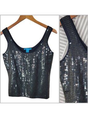 NEW Vtg Y2K Tank Top Large Sequin Black Sleeveless Event Evening Black Stretch